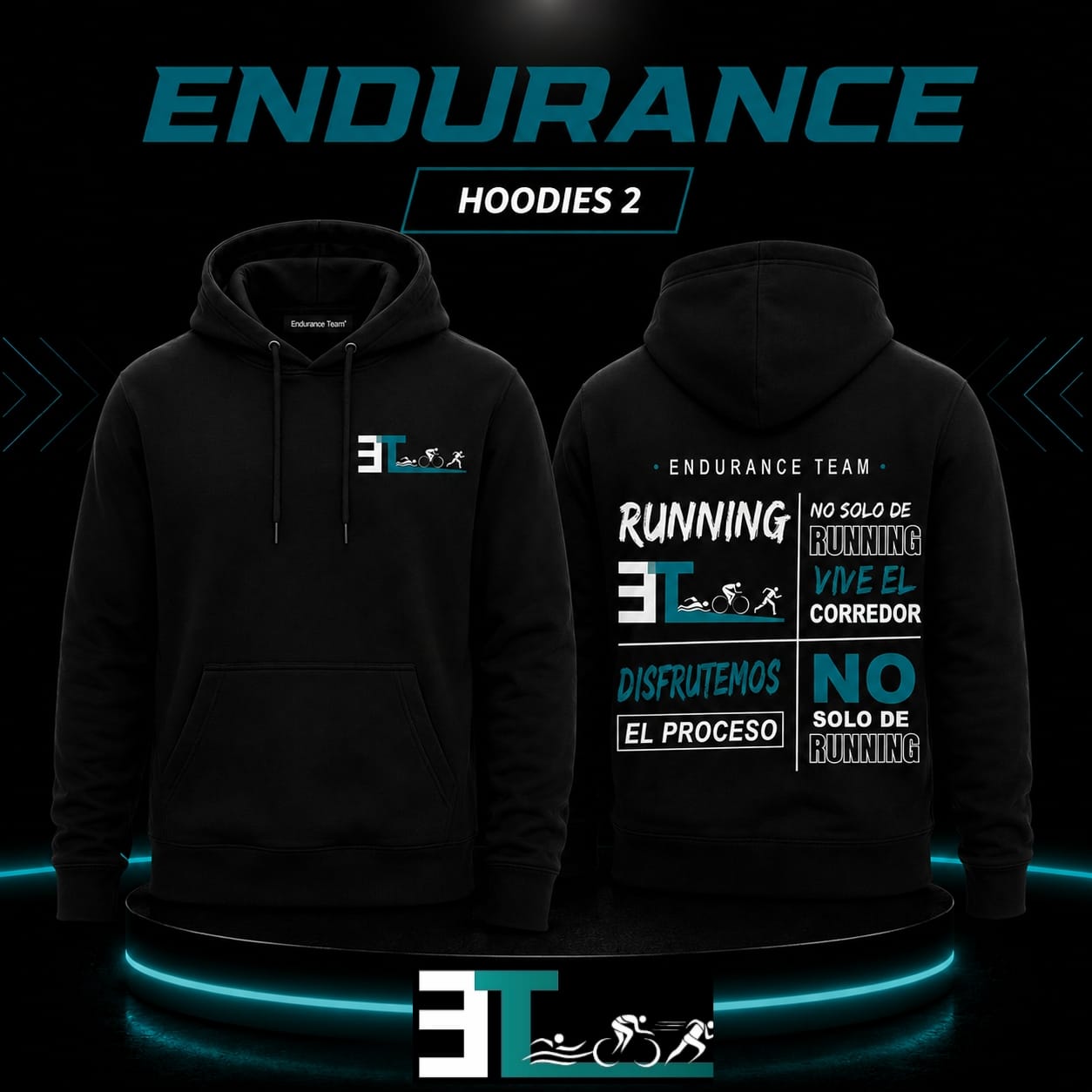 Hoodie Endurance Team, Diseño 2, negro con mensaje Disfrutemos el proceso en la espalda